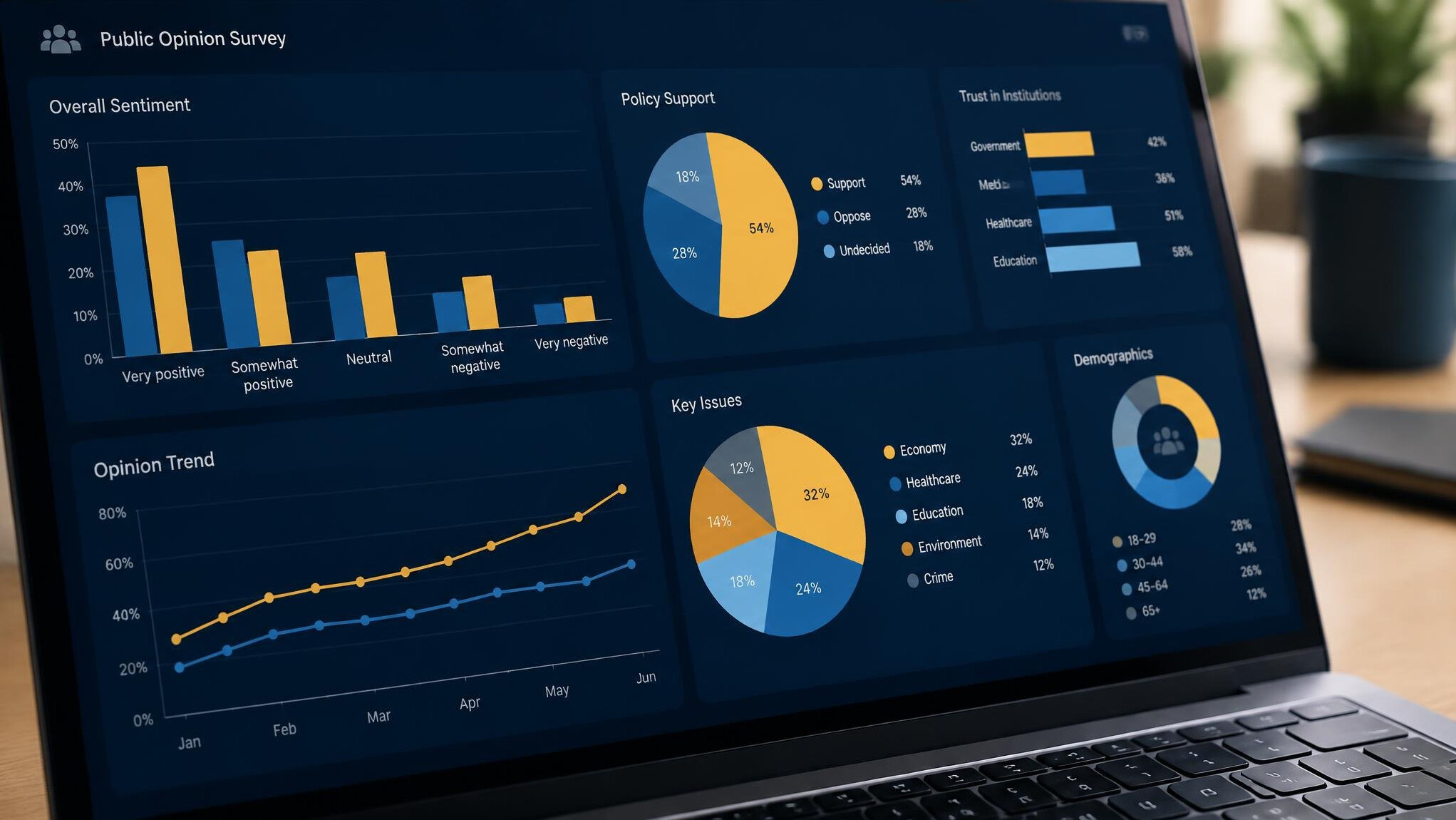 Analytical dashboard with charts and statistics on a screen